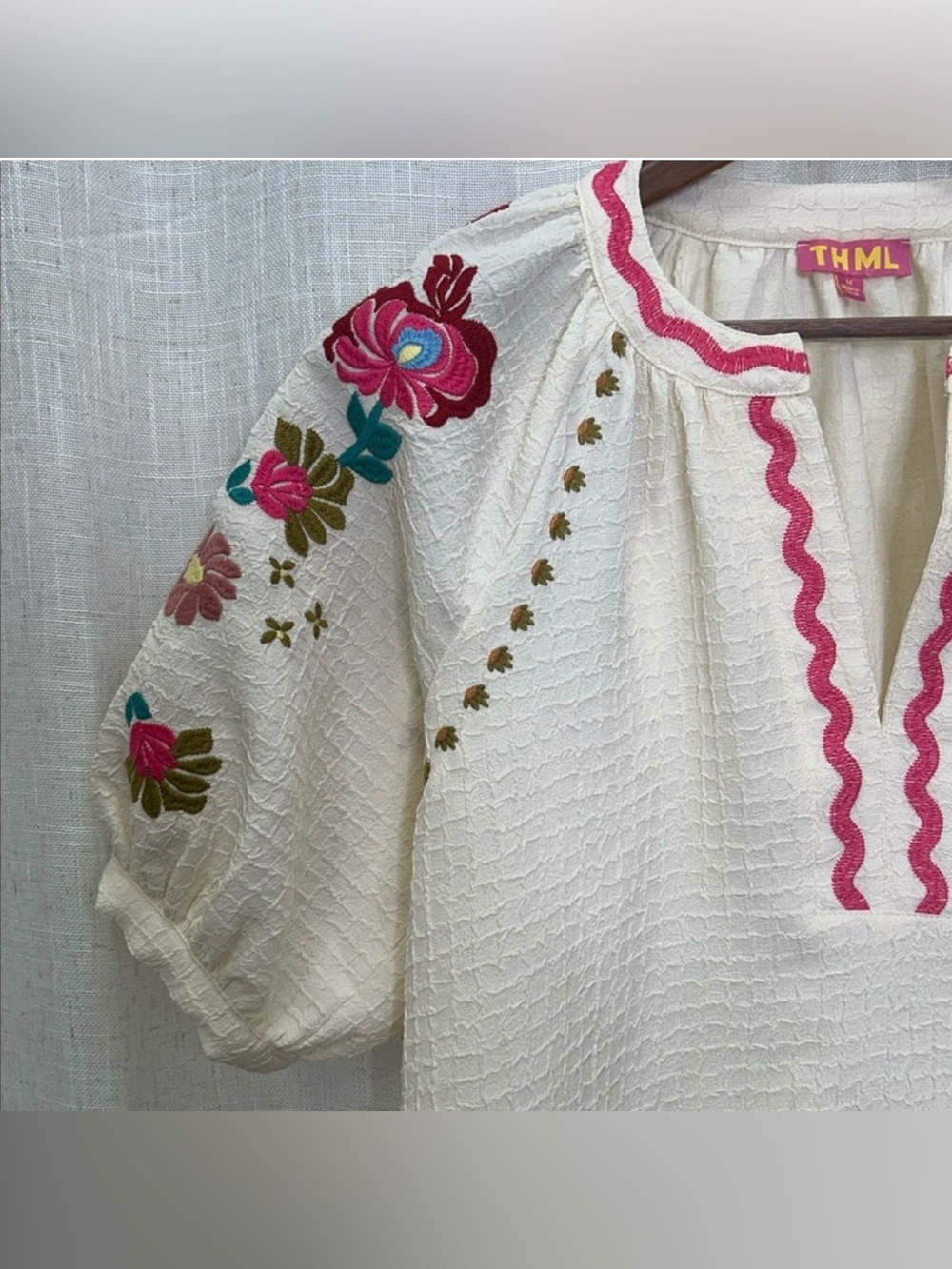 THML Cream Peasant Blouse with Pink & Multicolor Floral Embroidery Size Medium - Picture 3 of 8